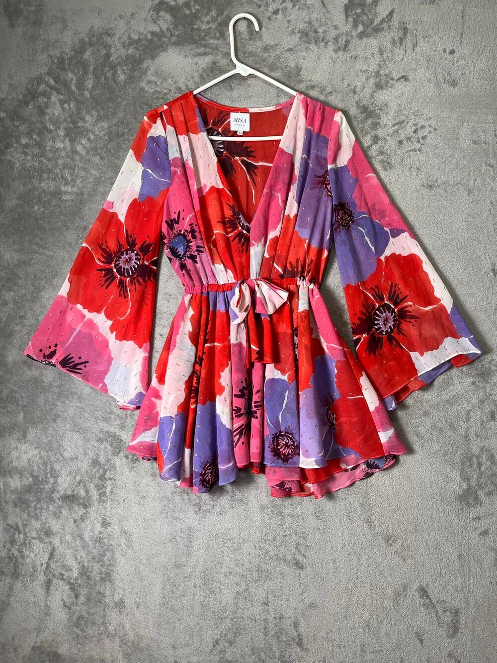 Misa Kaia Bell-Sleeve Chiffon Mini DressPlunge Neck Boho Chich Statement XS